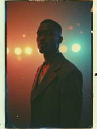 Dreamy polaroid instax photograph of man in the backrooms, many lights in background