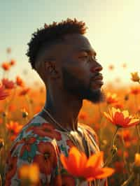 man | standing in field full of flowers | detailed gorgeous face! ! | full body! ! | god rays | intricate | elegant | realistic | hyperrealistic | cinematic | character design | concept art | illustration | digital art | digital painting | depth of field