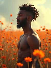 man | standing in field full of flowers | detailed gorgeous face! ! | full body! ! | god rays | intricate | elegant | realistic | hyperrealistic | cinematic | character design | concept art | illustration | digital art | digital painting | depth of field