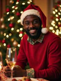 man at Christmas dinner wearing Christmas style clothes. Christmas tree in background. Christmas lights