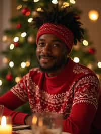 man at Christmas dinner wearing Christmas style clothes. Christmas tree in background. Christmas lights