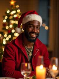 man at Christmas dinner wearing Christmas style clothes. Christmas tree in background. Christmas lights