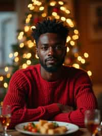 man at Christmas dinner wearing Christmas style clothes. Christmas tree in background. Christmas lights