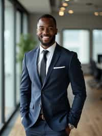 wide LinkedIn profile photo of a professional business man as a confident professional business man standing in a modern office. LinkedIn professional profile photo. most popular person on LinkedIn