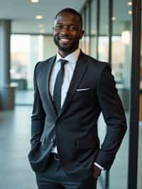 wide LinkedIn profile photo of a professional business man as a confident professional business man standing in a modern office. LinkedIn professional profile photo. most popular person on LinkedIn