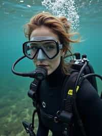 woman as a scuba diver wearing diving goggles and wearing a wetsuit