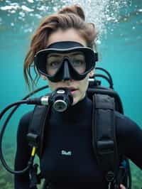 woman as a scuba diver wearing diving goggles and wearing a wetsuit