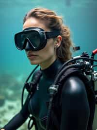 woman as a scuba diver wearing diving goggles and wearing a wetsuit