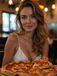 woman sitting in a restaurant eating a large pizza