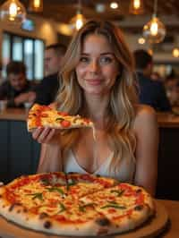 woman sitting in a restaurant eating a large pizza