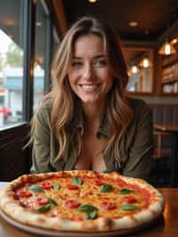 woman sitting in a restaurant eating a large pizza