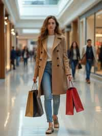 woman walking in a shopping mall, holding shopping bags. shops in background