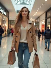 woman walking in a shopping mall, holding shopping bags. shops in background