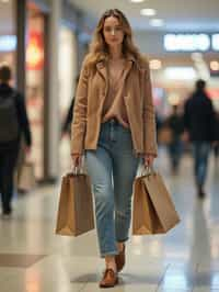 woman walking in a shopping mall, holding shopping bags. shops in background