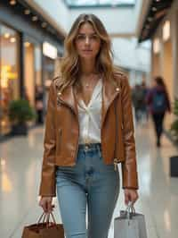 woman walking in a shopping mall, holding shopping bags. shops in background