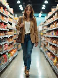 woman in Supermarket walking with Shopping Cart in the Supermarket Aisle. Background of Supermarket