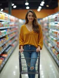 woman in Supermarket walking with Shopping Cart in the Supermarket Aisle. Background of Supermarket