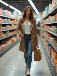 woman in Supermarket walking with Shopping Cart in the Supermarket Aisle. Background of Supermarket