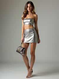 woman in silver metallic style, wearing  metallic shiny mini skirt, metallic shiny crop top, metallic shiny purse, metallic heels