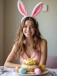 woman dressed up for Easter with Easter Bunny Ears at the Easter Breakfast. Easter Eggs. Easter Bunny