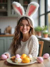 woman dressed up for Easter with Easter Bunny Ears at the Easter Breakfast. Easter Eggs. Easter Bunny