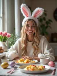 woman dressed up for Easter with Easter Bunny Ears at the Easter Breakfast. Easter Eggs. Easter Bunny