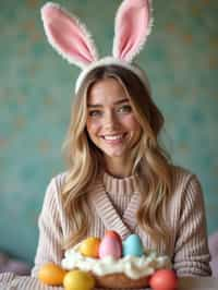 woman dressed up for Easter with Easter Bunny Ears at the Easter Breakfast. Easter Eggs. Easter Bunny