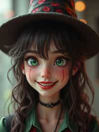 woman as the personification of the Halloween holiday in the form of woman with a villain's smile, (cute)cute hats, cute cheeks, unreal engine, highly detailed, artgerm digital illustration, woo tooth, studio ghibli, deviantart, sharp focus, artstation, by Alexei Vinogradov bakery, sweets, emerald eyes