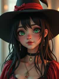 woman as the personification of the Halloween holiday in the form of woman with a villain's smile, (cute)cute hats, cute cheeks, unreal engine, highly detailed, artgerm digital illustration, woo tooth, studio ghibli, deviantart, sharp focus, artstation, by Alexei Vinogradov bakery, sweets, emerald eyes