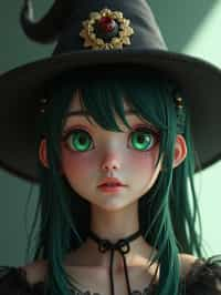 woman as the personification of the Halloween holiday in the form of woman with a villain's smile, (cute)cute hats, cute cheeks, unreal engine, highly detailed, artgerm digital illustration, woo tooth, studio ghibli, deviantart, sharp focus, artstation, by Alexei Vinogradov bakery, sweets, emerald eyes