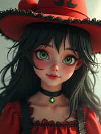 woman as the personification of the Halloween holiday in the form of woman with a villain's smile, (cute)cute hats, cute cheeks, unreal engine, highly detailed, artgerm digital illustration, woo tooth, studio ghibli, deviantart, sharp focus, artstation, by Alexei Vinogradov bakery, sweets, emerald eyes