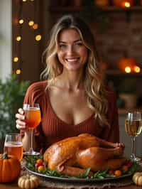 woman celebrating Thanksgiving with cocktail and turkey meat in background