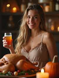 woman celebrating Thanksgiving with cocktail and turkey meat in background