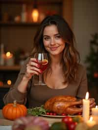 woman celebrating Thanksgiving with cocktail and turkey meat in background