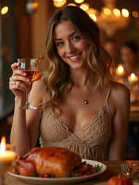 woman celebrating Thanksgiving with cocktail and turkey meat in background