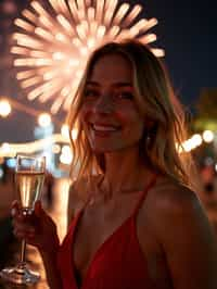 woman celebrating New Year's Eve with champagne and Fireworks in background