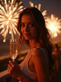 woman celebrating New Year's Eve with champagne and Fireworks in background