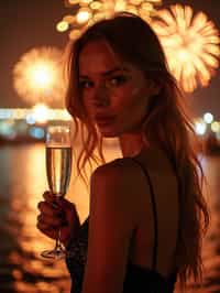 woman celebrating New Year's Eve with champagne and Fireworks in background