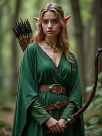 woman as a Medieval Elf Archer Warrior in Green Robe