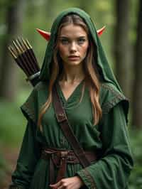 woman as a Medieval Elf Archer Warrior in Green Robe