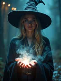 woman as a Wizard with a Wizard robe and big hat, crystal magic, dramatic light