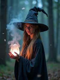 woman as a Wizard with a Wizard robe and big hat, crystal magic, dramatic light