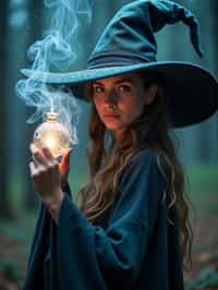 woman as a Wizard with a Wizard robe and big hat, crystal magic, dramatic light