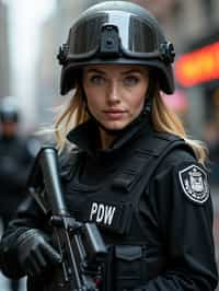 woman as a SWAT Officer. wearing black swat vest, swat helmet, holding pdw