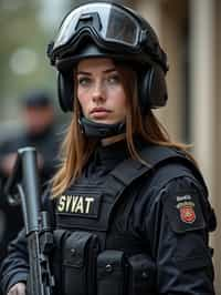 woman as a SWAT Officer. wearing black swat vest, swat helmet, holding pdw