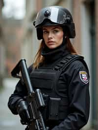 woman as a SWAT Officer. wearing black swat vest, swat helmet, holding pdw