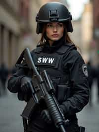 woman as a SWAT Officer. wearing black swat vest, swat helmet, holding pdw