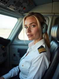 woman as a Airline Pilot inside the Cockpit with white shirt Pilot Uniform