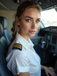 woman as a Airline Pilot inside the Cockpit with white shirt Pilot Uniform