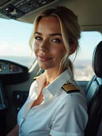 woman as a Airline Pilot inside the Cockpit with white shirt Pilot Uniform